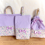 kumikuruさま専用　パープル　女児　レッスンバッグ　サテン　リボン　入園　入学　小花　花柄　薔薇　お花　通園グッズ　3点セット　可能　女の子　キルティング　丈夫　サイズオーダー　
