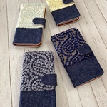 手帳型ネックレス刺繍ダンガリー　iPhoneケース