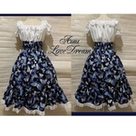 1点物*ブルーバタフライ 蝶 柄 シャーリング ミディ丈ワンピース★青/金彩/紺×ホワイト×白レース(即納品)