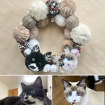 お手手がかわいい、猫のうちの子ぽんぽんリース（毛糸玉バージョン）