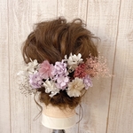 ドライフラワー　ヘアパーツ　ヘアアクセサリー　ヘッドドレス　髪飾り　成人式　卒業式　結婚式　ウエディング　ブライダル　和装　発表会　子供　かすみ草　紫陽花　造花　チュール　ピンク　シャンパンゴールド　