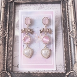 春夏♡ パールハートピンククリスタルリボンピアス♡