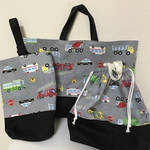 送料無料！お稽古バック、上履き入れ、体操着袋の三点セット(働く自動車)