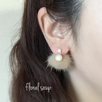 再販×130☆。.:*:・'☆sale ☆。.:*:・'☆。ラインストーン ゆれるコットンパール ミンクキャッチのピアス☆キャメル