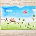 🐤「おなかすいたよー」水彩画イラストポストカード　鳥　小鳥　鳥の巣　バースデーカード 春　母の日　父の日　ほっこり　癒し🐤