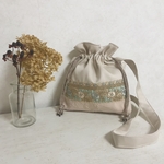 2WAY インド刺繍　ホワイトグレージュ巾着ショルダーバッグ　E