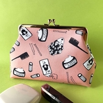 ヘアーメイク柄（薄橙）化粧ポーチ プチギフト など USAコットン  マチ付き 可愛い がま口ポーチ