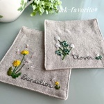 🌿春の野花・手刺繍コースター2点セット『タンポポ＆クローバー』