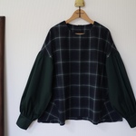 最終出品★コットン100%先織ブラックウォッチ柄　異素材配色ブラウス★