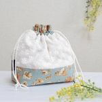 巾着ポーチ/ランチバッグ/収納整理　モーメント花びら/くすみブルーグリーン/花刺繍綿レース