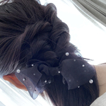 くるりんぱヘアアクセ　編み込みヘアアクセ　ハーフアップヘアアクセ　黒リボン　オーガンジーリボン　パールヘアアクセサリー　