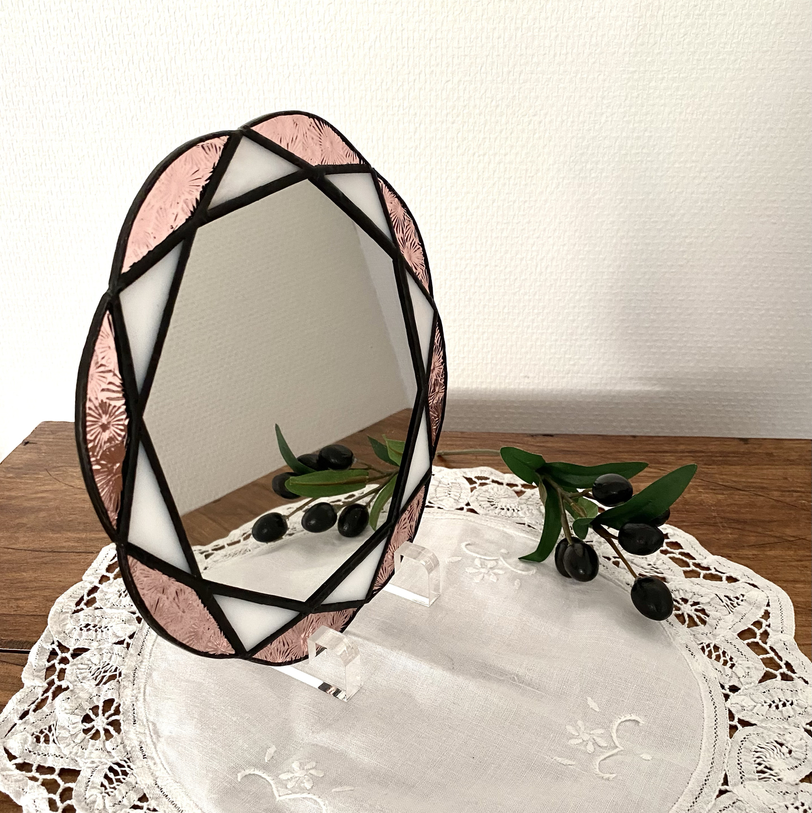 Feng shui Flower Mirror 】 ステンドグラス お花の八角鏡 (ホワイト