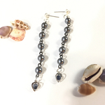 キャッツアイ黒ハートパールチェーンピアス
