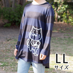 猫柄ロング丈カットソー 長袖 ボーダー LLサイズ