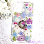 [ご注文品] 押し花iphoneケース＊紫陽花party＊スマホケース スマホリングつき　名入れ可能  ラメ・ホロ・スワロフスキー無料 [受注製作]