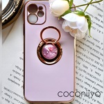 紫　パープル　押し花　iphoneケース　リング付き　かすみ草