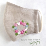 刺繍マスク　パステルカラー春色リース　薄手ベージュリネンとダブルガーゼ　フィルターポケット付　ノーズワイヤー入り　痛くならない柔らかな耳ゴム使用　