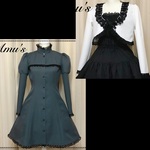 特別セット*ヨーク切替プリンセスライン コート ワンピース＆長袖ボレロ★ダークグリーン&ブラック/黒レース(即納品)