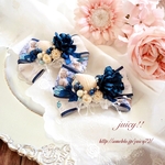 【寒色系】白イチゴと花柄リボンのバレッタ♡