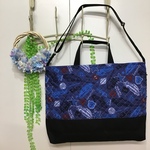 【完成品】 W45×35cm ★ 紺色 英字 アメ車 車 星柄 ★ ショルダーひもつき大きめレッスバッグ