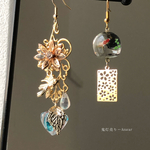 風鈴が揺れて金魚舞う　鬼灯と桜　蓄光風鈴　アシンメトリー　ピアス　イヤリング