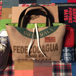 コーヒー豆麻袋バッグ/GUATEMALA fedecocagua×デニム&カラフルバンダナパッチワークプリントポケット×新緑グリーンバンダナコットントートバッグ