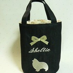バケツトート　シェルティ　シルエット刺繍　ミモザ　濃紺デニム