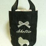 バケツトート　シェルティ　シルエット刺繍　ライラック　ブラックデニム