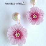 つまみ細工で作る　コットンパールとキラキラ桜　ピアス
