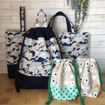 ☆mimitsu様オーダー品☆入園入学セット（猫が魚で波乗り、おにぎり）青、緑