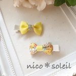 【送料無料】ぷっくりリバティリボンのヘアクリップ　2個セット　ベビーヘアピン　ベビーリボン　ベビーヘアクリップ　ベビークリップピン　イエロー　クレアオード　滑り止め付き