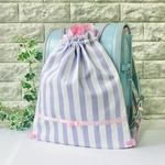 再】3way 体操着袋 パープルストライプ柄×サテンピンクリボン付き 女の子 高学年まで お着替え袋 体操着入れ ランドセル 持ち手付き 手さげ付き ナップサック型 巾着袋