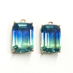 【2個セット】ブルー×グリーングラデーション レクタングル 多面カットガラスチャーム