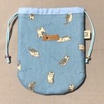 【ｎ様オーダー品】ume＊mew リバーシブル巾着（シマ／ブルー＋ネコとコスメ／パープル）