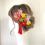 二重天竺牡丹 【神楽-かぐら】赤×アイボリー×菜の花色  7点セット つまみ細工 和装  成人式 結婚式