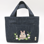 【再販】クローバーとネザーランドドワーフ刺繍　ミニトートバッグ（デニム）