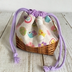 ミニ巾着　和菓子インコ ×かご柄