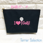 I💗Golf！ 刺繍ポーチ　黒地　帆布ポーチ　マチありポーチ　プレゼントにも
