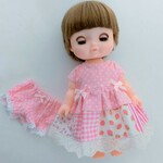 ワンピース&パンツセット　フレンチスリーブ　パッチワーク　ピンク水玉　メルちゃん　ソランちゃん　レミンちゃんサイズ　服