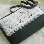 黒リネン*アンティークレース*フランス*手刺繍*持ち手2種*ショルダーバッグ