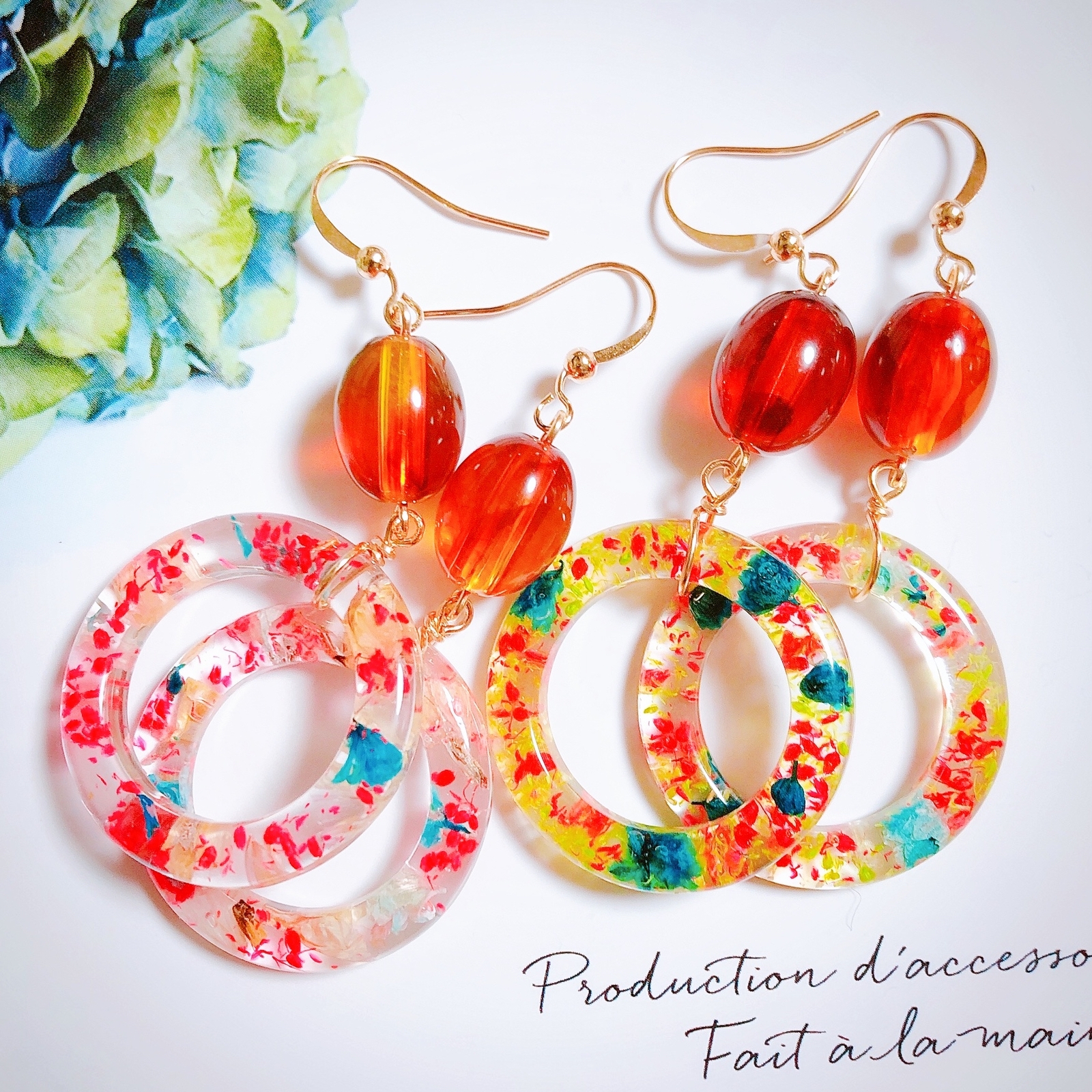 ピアス ハーバリウム 赤 ピンク オレンジ 黄色 ビジュー 推し活