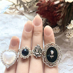 チューリップと薔薇のブラックシルバーリング 4点セット