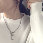 金属アレルギー対応＊ステンレス ボールチェーン イニシャルチャーム マンテルネックレス　/ Y字ネックレス コンビカラー