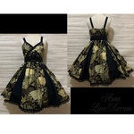 GW特別価格♪1点物*和柄キャミソールドレス ジャンパースカート★扇と花 文様 黒×金彩×黒レース(即納品)