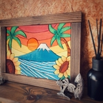 海・富士山・太陽［明日も良い日でありますように］木工絵