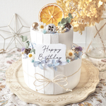 クレイケーキ　飾り付き　ウェルカムスペース　パープル×ブルー×ユーカリ　イミテーションケーキ　結婚式