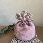 ニット巾着ポーチ（ピンク×生成り）