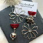 【再販】シルバー × フラワー × レッド アシンメトリー 大ぶり ピアス イヤリング