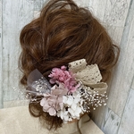 ［26］レース×紫陽花×かすみ草（6本）　ピンク　ホワイト　白　アジサイ　結婚式　成人式　卒業式　ヘアパーツ　ヘアアクセサリー　ヘッドドレス　チュール　袴　振り袖　はかま　リボン　レースリボン