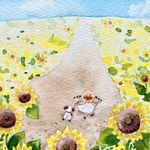 🌻透明水彩画「ひまわり畑でお散歩」イラストポストカード２枚セット 暑中見舞いはがき 暑中はがき 花　夏　母の日　ヒマワリ　癒し　犬🌻